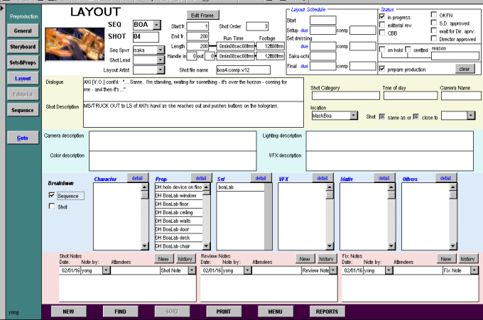 screenshot of the production tracking database